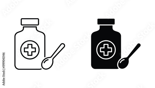 Medicine bottle with spoon icon set in line art and solid black styles representing healthcare and pharmaceutical dosage