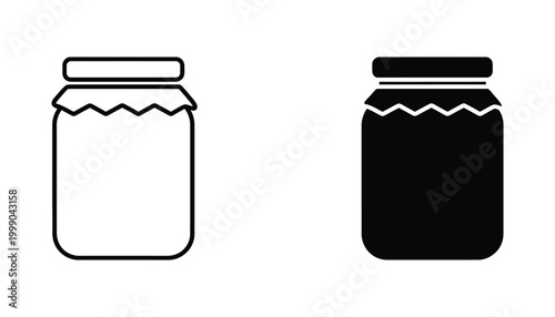 Glass jar container with lid illustrated as simple line art and solid black vector icons for food storage and preservation concepts