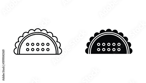 Taco or dumpling food icon with dotted texture in line art and solid black vector styles for restaurant menu design