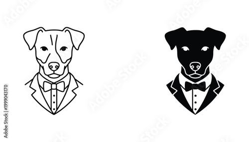 Dog wearing tuxedo and bow tie illustrated as refined line art and solid black vector icons for formal pet events