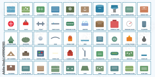 Water Treatment & Sanitation Infrastructure Icon Set, 50 Vector Icons for Wastewater, Filtration, Piping, Pumps, Tanks, Environmental Engineering Graphics