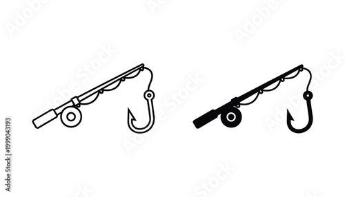 Fishing rod with hook and reel illustrated as line art and solid black vector icons representing sport fishing and angling hobbies