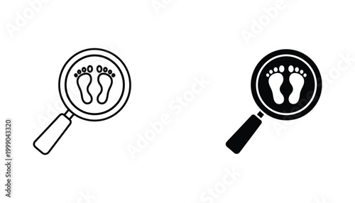 Footprint search icon inside magnifying glass for investigation and forensic analysis themed graphic design projects
