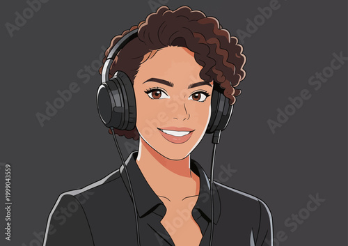 Professional female podcaster with headphones smiling at camera