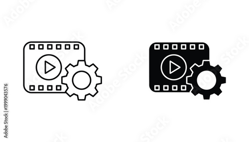Video production and editing gear icon set representing film processing with film strip and gear symbol