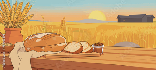 Warm Harvest Countryside Bread And Wheat Still Life