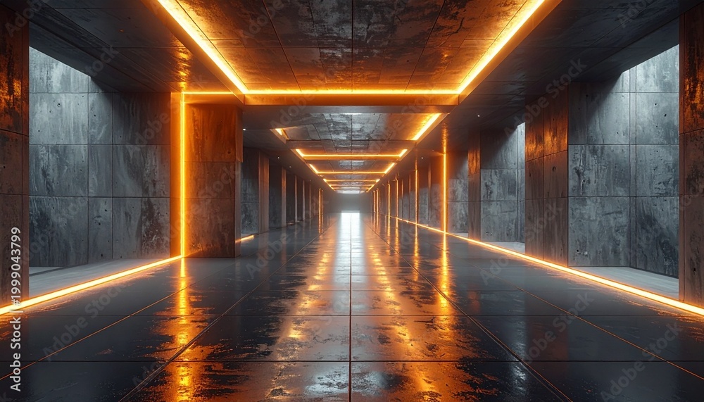 Fototapeta premium A futuristic dark architectural hallway featuring polished concrete surfaces and vibrant orange glowing neon strip lighting perspective view.
