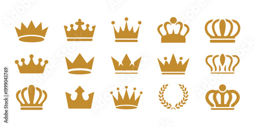 Set of Golden Crown Icons and Royal Symbols for Luxury Branding