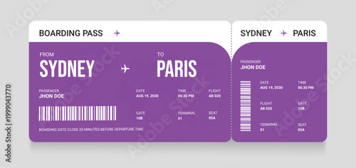 Air plane ticket template. Realistic airline ticket design with passenger name. Plane ticket vector template or airline boarding pass ticket isolated. Airline flight pass concept.
