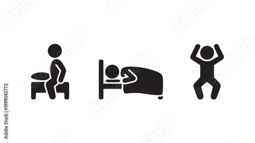Insomnia Stick Figure Icons Showing Sleepless Night, Restlessness and Sleep Disorder Behavior