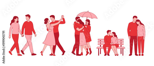 Couple in love flat vector set, romantic relationships and dating activities, holding hands dancing hugging sitting on bench, Valentines day themed character collection for web design and love concept