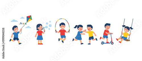 Happy Children Playing Outdoors Set, Group of Kids Activity Vector Illustration, Boys and Girls Jumping Rope, Flying Kite, Riding Scooter, Playing Swing and Blowing Bubbles, Joyful Childhood Concept A
