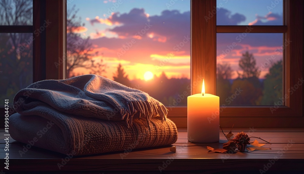 Fototapeta premium A cozy scene with a soft folded wool blanket and a glowing candle on a wooden windowsill overlooking a beautiful autumn sunset landscape.