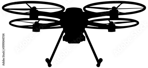 Black Silhouette of a Modern Quadcopter Drone with Four Rotors and Landing Gear Isolated on White Background
