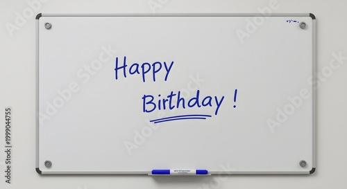 Whiteboard with Happy Birthday message written in blue marker