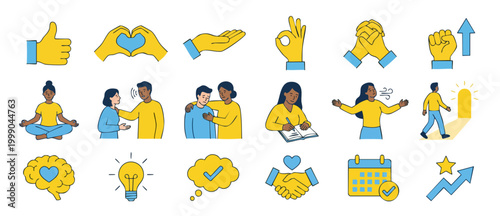Mental Health Icons Set, Diverse People Showing Emotional Support, Communication, Mindfulness, And Personal Growth Concepts In Modern Flat Line Art Style For Wellness Education And Therapy Design