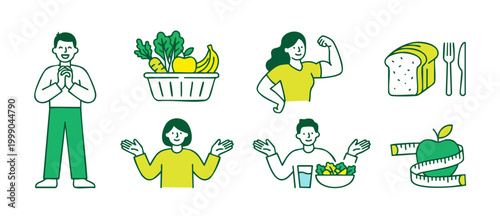 Healthy Lifestyle Diet Icons Set, People Eating Vegetables and Fitness Motivation Elements, Flat Vector Illustration for Nutrition Planning, Weight Loss Concept, Meal Prep Symbols, Green and Yellow De
