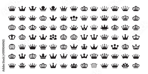 Large Grid of Diverse Black Crown Icons and Symbols