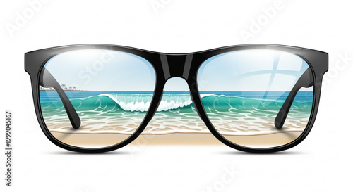 Black glasses reflecting a serene ocean beach scene with waves and sunny sky