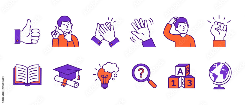 Fototapeta premium Education and Human Gestures Icon Set for Learning, School, and Professional Presentations, Featuring Colorful Vector Line Icons Representing Thinking, Success, Knowledge, and Global Communication Con