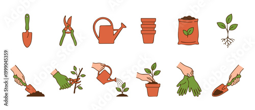 Gardening Tools and Hands Icons Set for Spring Planting and Yard Work Projects with Watering Can, Shovel, Pruners, Soil Bag, Seedling Pots and Protective Gloves for Professional Landscaping Activities