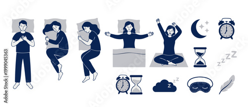 People Sleeping Positions and Morning Routine Icons Set, Different Sleep Poses, Bedtime Objects, Flat Vector Illustration for Healthy Lifestyle, Bedtime Habits, Rest, Relaxation, Stress Management Con