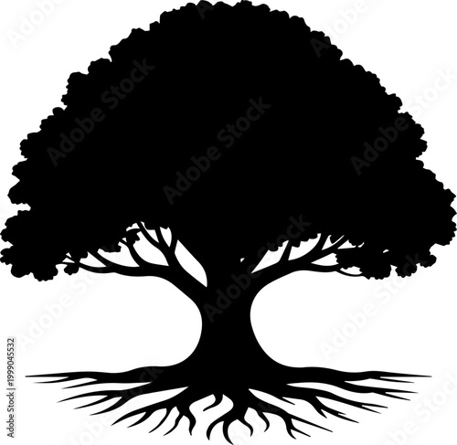 Black Tree Silhouette with Deep Roots and Large Leafy Canopy Vector Illustration for Logo or Design Elements