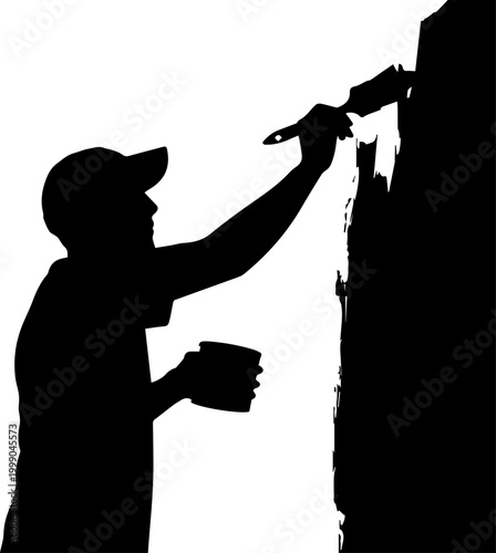 Black silhouette of a male painter decorator working on a wall with a brush and paint can vector illustration