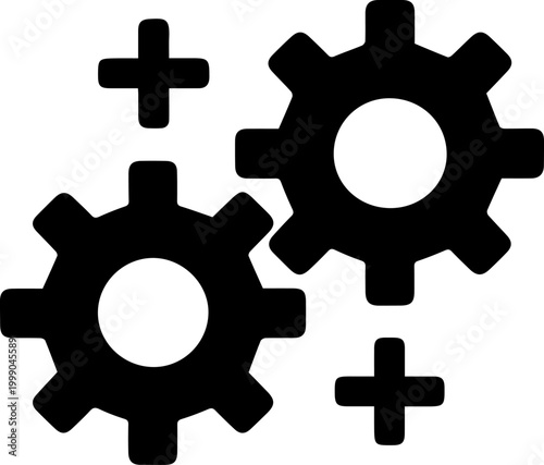 Black Vector Icon of Interlocking Gears with Plus Signs Symbolizing Industrial Progress System Optimization and Team Cooperation