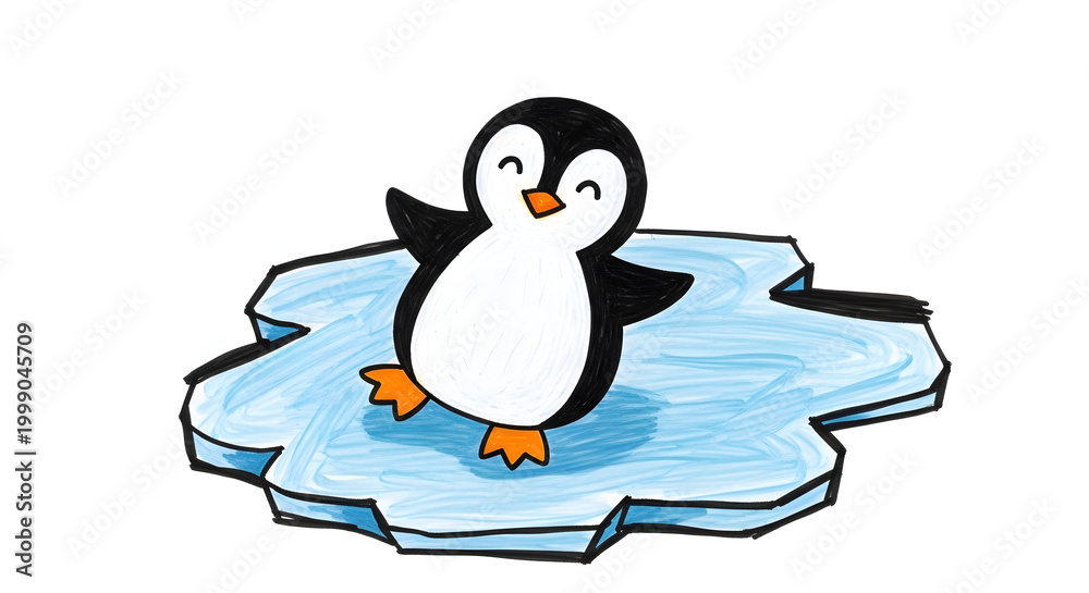 Obraz premium Cute cartoon penguin on ice floe with cheerful expression