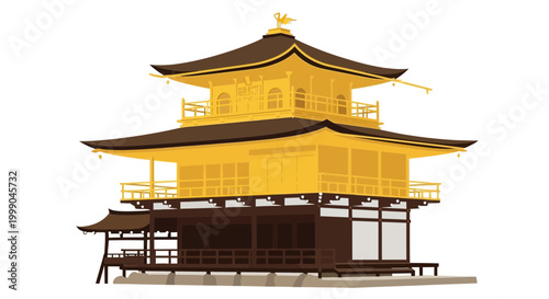 Vector illustration of a majestic golden tiered temple. Iconic traditional Japanese architecture, embodying rich cultural heritage and Asian historical grandeur