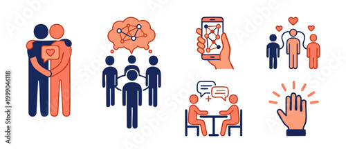 Social Interaction Icons Set, Human Connection and Communication Symbols, Network Networking Relationship Icons, Friendly Collaboration and Community Concepts, Digital Connectivity and Teamwork Illust