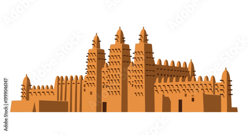Vector Illustration of a Traditional African Mud Mosque with Tall Minarets and Intricate Facade