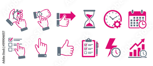 Time Management Icons Set for Productivity and Workflow Optimization. Vector business symbols featuring clocks, calendars, checklists, and deadline countdowns for project planning and efficient task t
