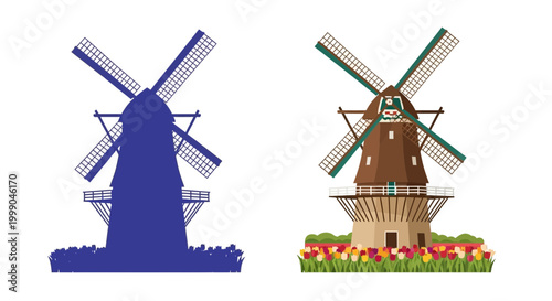 Vector Illustration of a Dutch Windmill Surrounded by Tulips, a Symbol of Netherlands Heritage