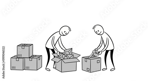 Simple line art of two people packing and unpacking cardboard boxes, representing diligent work in logistics or moving on an isolated white background.