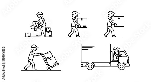 Collection of minimalist line art delivery figures with boxes and truck, showcasing efficient shipping services on an isolated white background.
