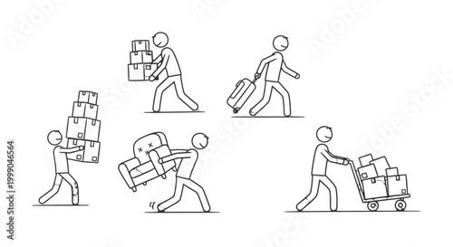 Simple stick figures lifting and moving cardboard boxes, depicting a busy packing and delivery process on an isolated white background.