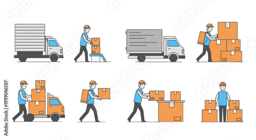 Collection of delivery men and trucks transporting cardboard boxes, illustrating efficient logistics and shipping services on an isolated white background.