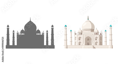 Detailed Vector Illustration and Silhouette of a Famous Indian Mausoleum and Palace Complex, an Iconic Architectural Wonder of the World
