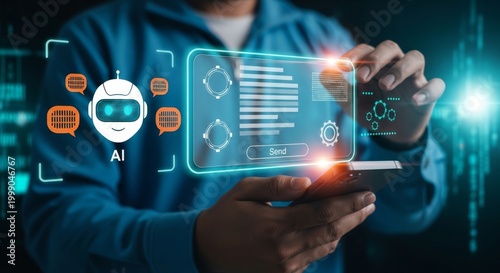 Man using smartphone with AI chatbot interface, virtual assistant messages. Concept of artificial intelligence communication, customer support automation, digital technology, smart mobile interaction