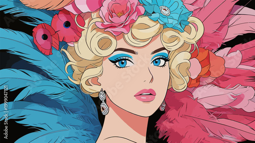 Glamorous Retro Stage Performer with Floral Feather Headdress