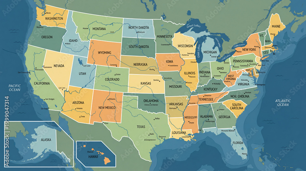 Obraz premium Colorful illustrated map of the United States with state names
