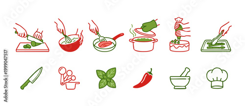 Cooking Icons Set with Food Preparation Actions and Kitchen Tools for Recipes and Culinary Design, Professional Vector Illustration with Red and Green Minimalist Line Art Style for Web and Mobile Apps
