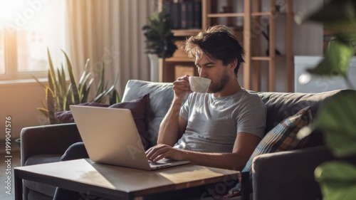 Remote worker using laptop and drinking coffee on sofa with warm sunlight at home, relaxed productivity lifestyle and work from home concept, work from home, remote work, home office scene