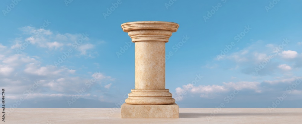 Fototapeta premium beige sandstone column pedestal under a blue sky with fluffy clouds for stylish outdoor product showcase