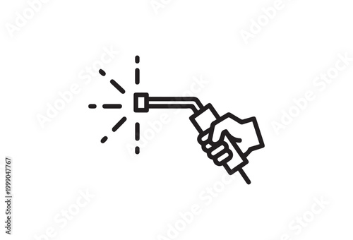 hand holding welding torch, spark, black line icon, industrial symbol, welding equipment