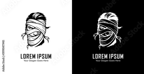 Logo design in the form of a man's head wrapped in a bandage