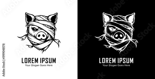 Logo design in the form of a pig's head wrapped in bandages