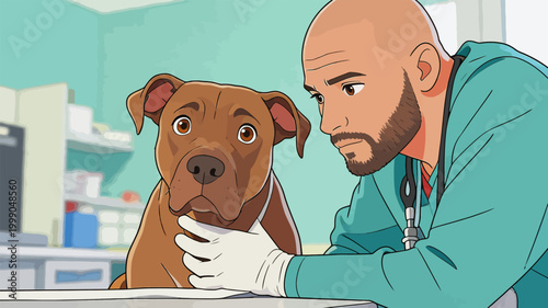 Veterinarian examining a pit bull in a clinical examination room